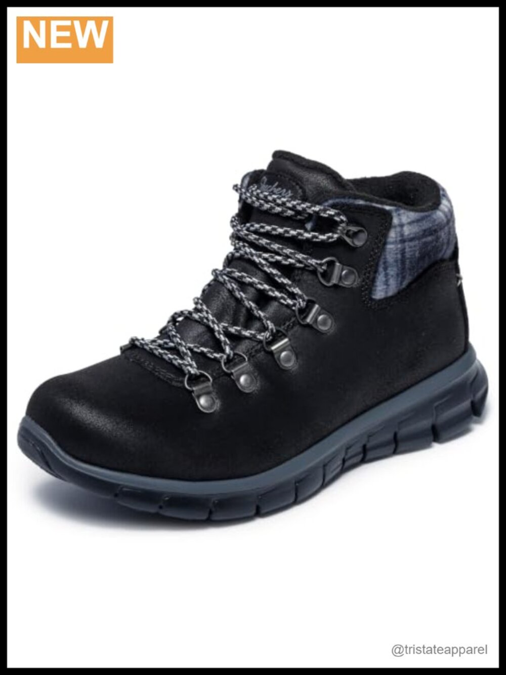 Womens Faux Leather Ankle Boots with Plaid Collar Memory Foam Lace Up